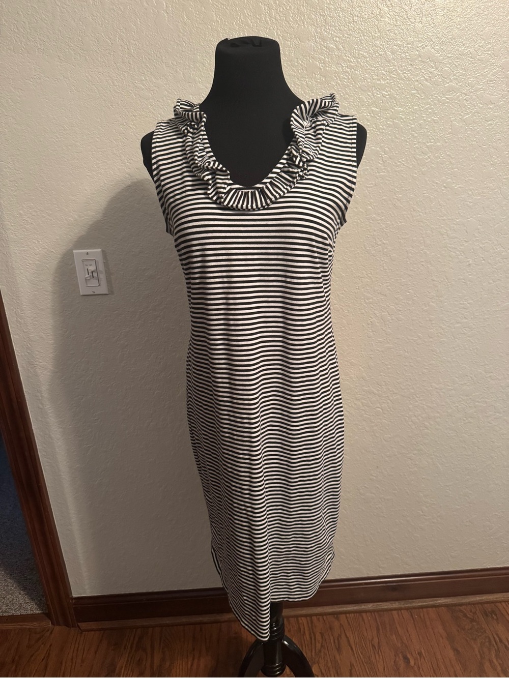 Talbots Black and White Striped Ruffle Neck Sleeveless Dress